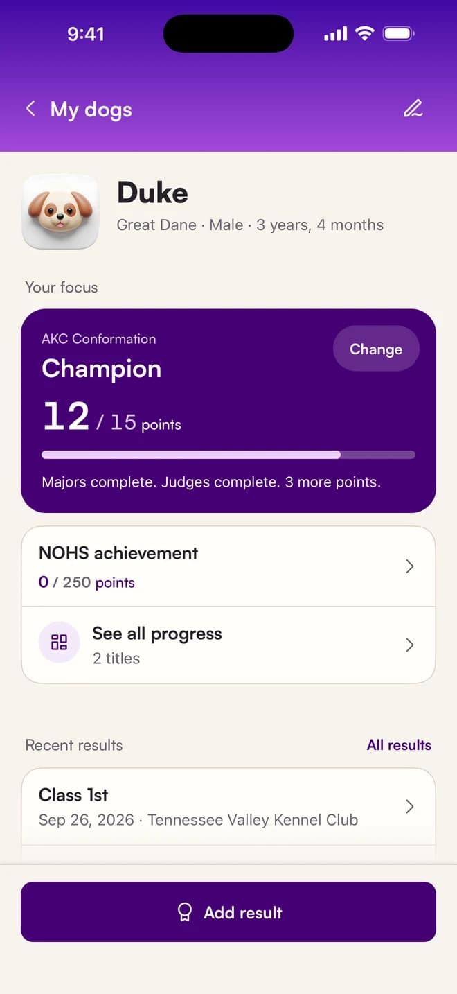 Duke's page: your focus is Champion, AKC Conformation, 12 of 15 points, with a Change button. Majors complete. Judges complete. 3 more points. NOHS achievement 0 of 250 points below.