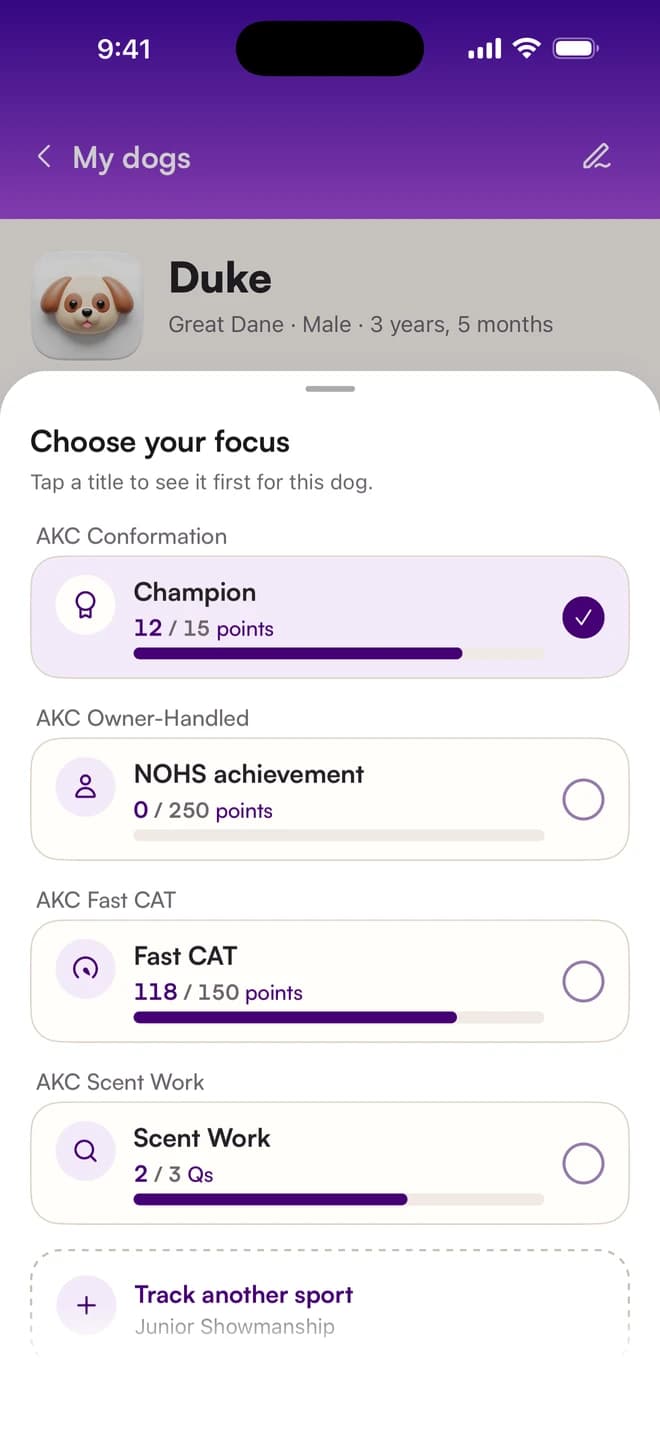 Choose your focus for Duke, a Great Dane: Champion 12 of 15 points, NOHS achievement 0 of 250 points, Fast CAT 118 of 150 points, Scent Work 2 of 3 Qs, and Track another sport.