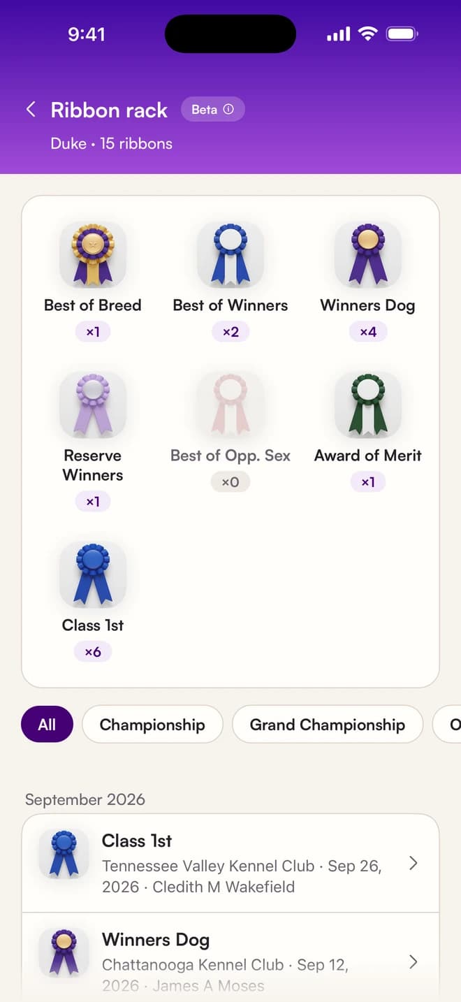 Duke's ribbon rack, 15 ribbons: Best of Breed, Best of Winners times 2, Winners Dog times 4, Reserve Winners, Award of Merit and Class 1st times 6. Below, September 2026: Class 1st at Tennessee Valley Kennel Club on Sep 26 under Cledith M Wakefield, and Winners Dog at Chattanooga Kennel Club on Sep 12 under James A Moses.