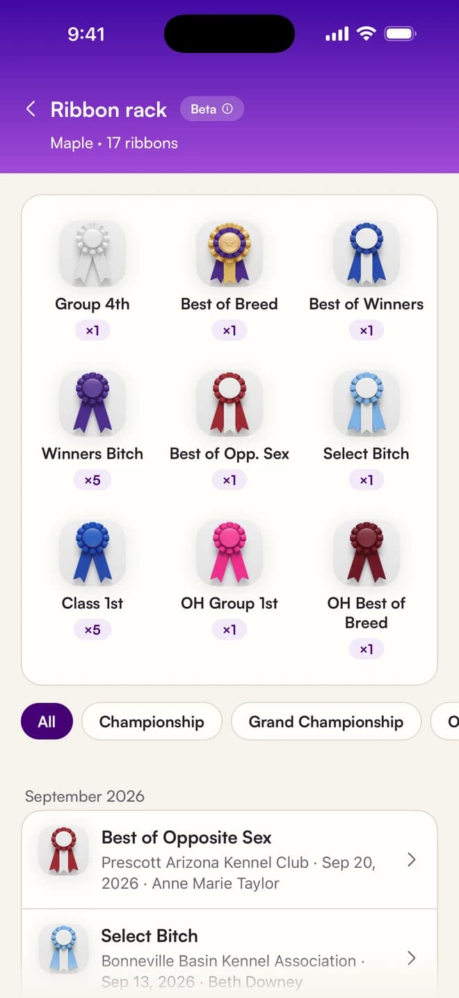 Maple's ribbon rack, 17 ribbons: Group 4th, Best of Breed, Best of Winners, Winners Bitch times 5, Best of Opposite Sex, Select Bitch, Class 1st times 5, OH Group 1st and OH Best of Breed, with filters All, Championship and Grand Championship.